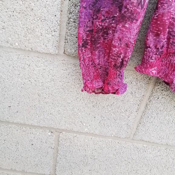 LOFT Blouse Size SP Pink Boho Off the Shoulder Semi Sheer Floral Smocked Hem - Picture 5 of 7